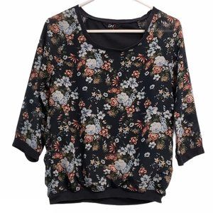 DH3 Floral Sheer Sleeve Crewneck Top